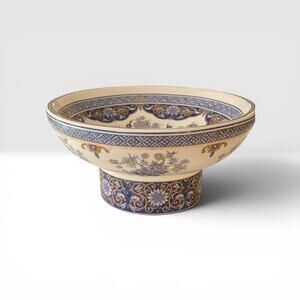 Vintage Panda Porcelain Peacock Compote Pedestal Bowl 10.25" Blue Gold Imari